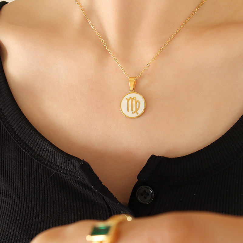 Wholesale Inlaid White Seashell Zodiac Pendant Plated 18K Real Gold Necklaces